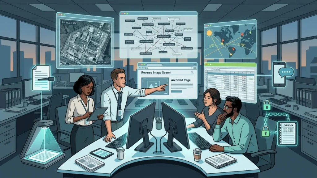 Illustration of journalists and investigators working at computers with maps, reverse image search, spreadsheets, and secure logs in an office.