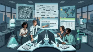 Illustration of journalists and investigators working at computers with maps, reverse image search, spreadsheets, and secure logs in an office.