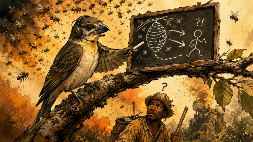 Editorial illustration of a honeyguide bird wearing a headset and pointing at a chalkboard plan, while a confused human hunter looks up as bees swarm around them.