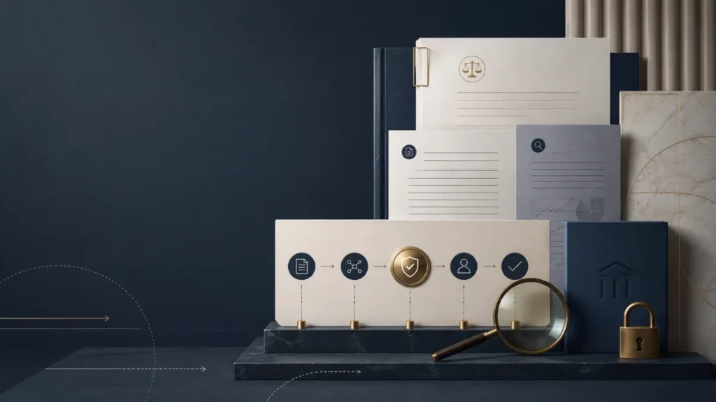 A stylized arrangement of legal documents, icons, a magnifying glass, and a padlock on a dark background.