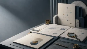 A minimalist desk display with printed charts, diagrams, a magnifying glass, and metallic stationery in a muted gray office setting.
