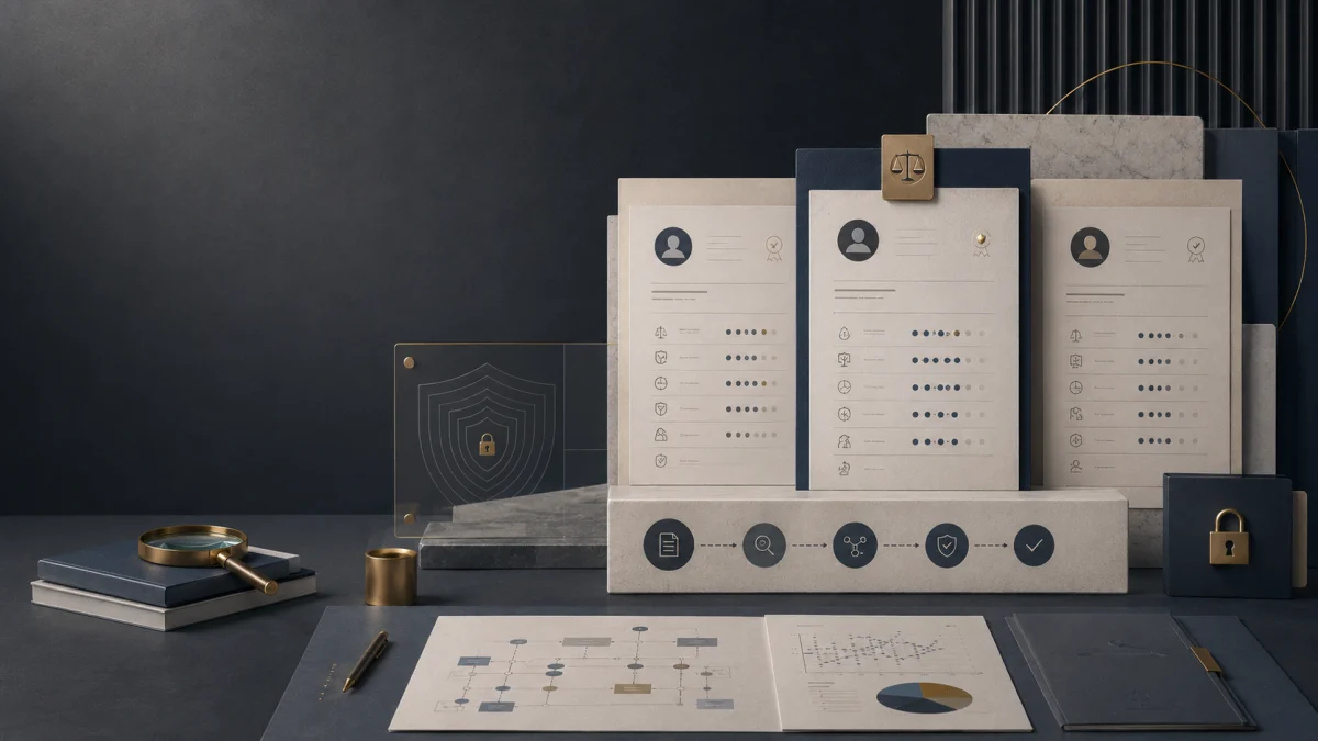 A stylized legal and compliance workspace with document panels, security icons, a magnifying glass, and folders on a dark background.