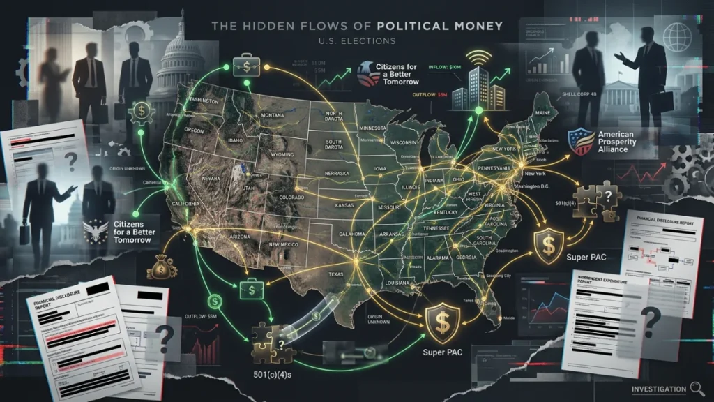 Infographic showing a U.S. map with glowing network lines, PAC and nonprofit symbols, and disclosure documents illustrating hidden political money flows.