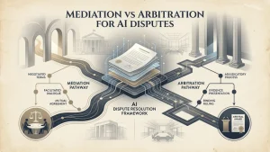Infographic comparing mediation and arbitration pathways for resolving AI disputes, with legal documents and court-themed icons.