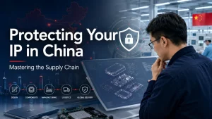 A man in a factory studies a digital product design schematic overlaid with a shield icon, a China flag, and supply chain graphics.