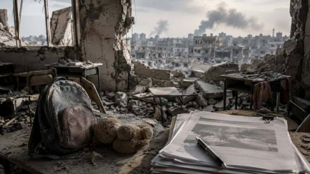 A damaged classroom with a backpack, teddy bear, and papers on a dusty desk, overlooking a bombed cityscape outside.