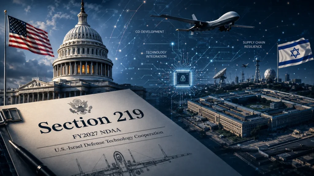 Collage showing the U.S. Capitol, Israel’s flag and military site, a jet, and a document labeled Section 219 on U.S.-Israel defense technology cooperation.