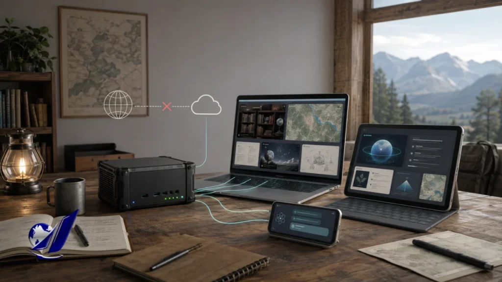A compact Linux server connected to a laptop, tablet, and phone displaying maps, documents, and AI-style dashboards offline.