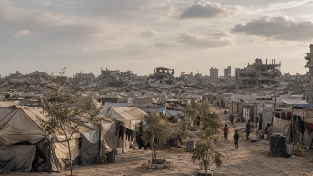 A refugee camp of beige tents and a dirt path in front of heavily damaged buildings and rubble under a cloudy sky.