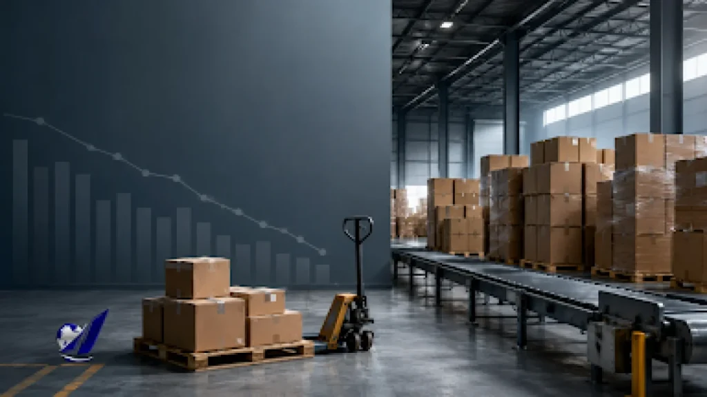 Stacks of cardboard boxes on pallets inside a large warehouse beside a conveyor belt and pallet jack.