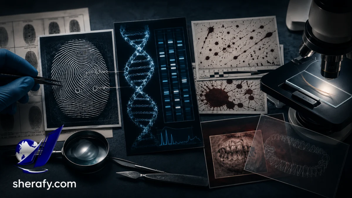 Forensic science workspace with fingerprint, DNA helix, microscope, blood spatter photos, and lab tools.
