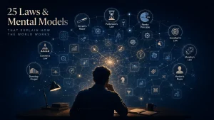Illustration of a person studying at a desk while a network of labeled mental model icons and laws fills the dark background.