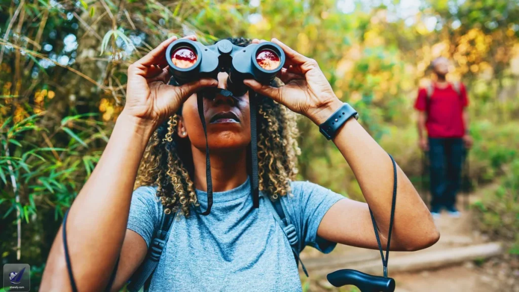 A woman uses binoculars while birdwatching on a wooded trail, with another hiker in the background.