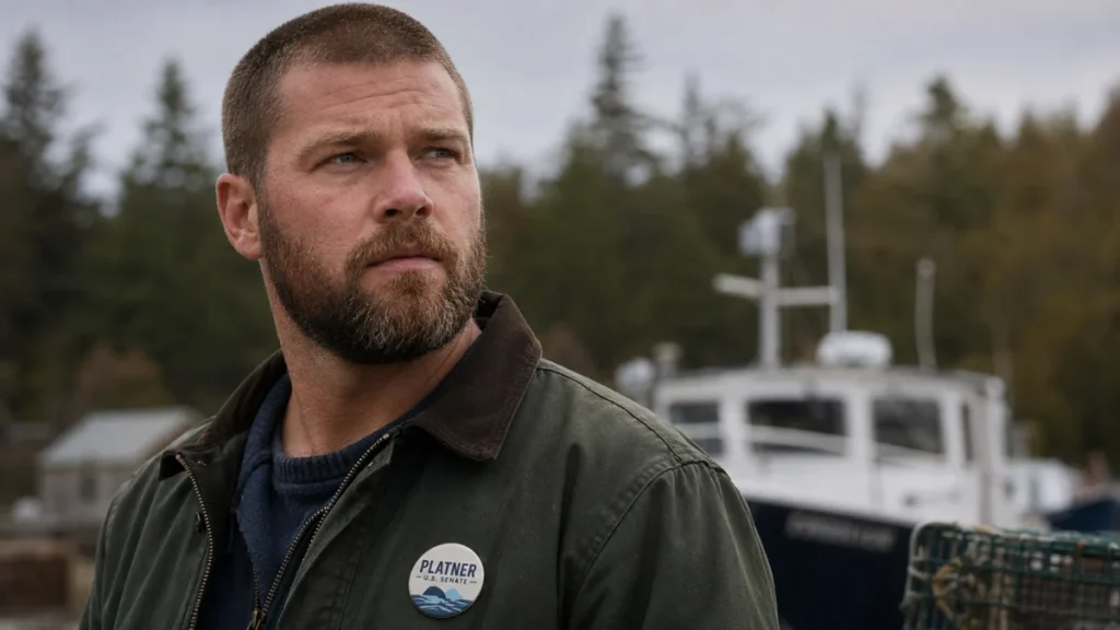 A bearded man in a green jacket with a campaign button stands near a harbor with a boat in the background.