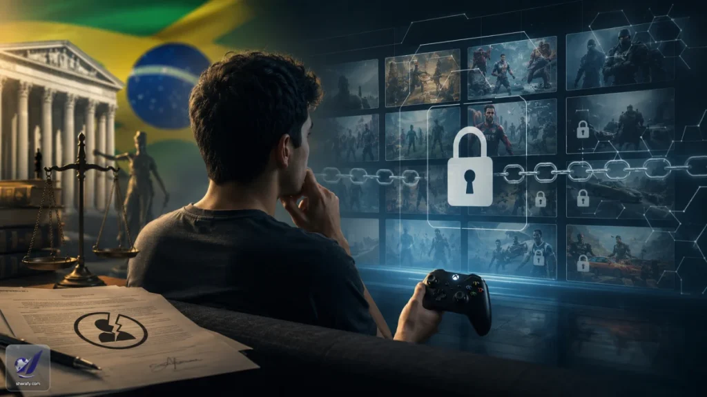 A man holds a game controller while facing a digital wall of locked game images, with legal scales and a court building beside the Brazilian flag in the background.