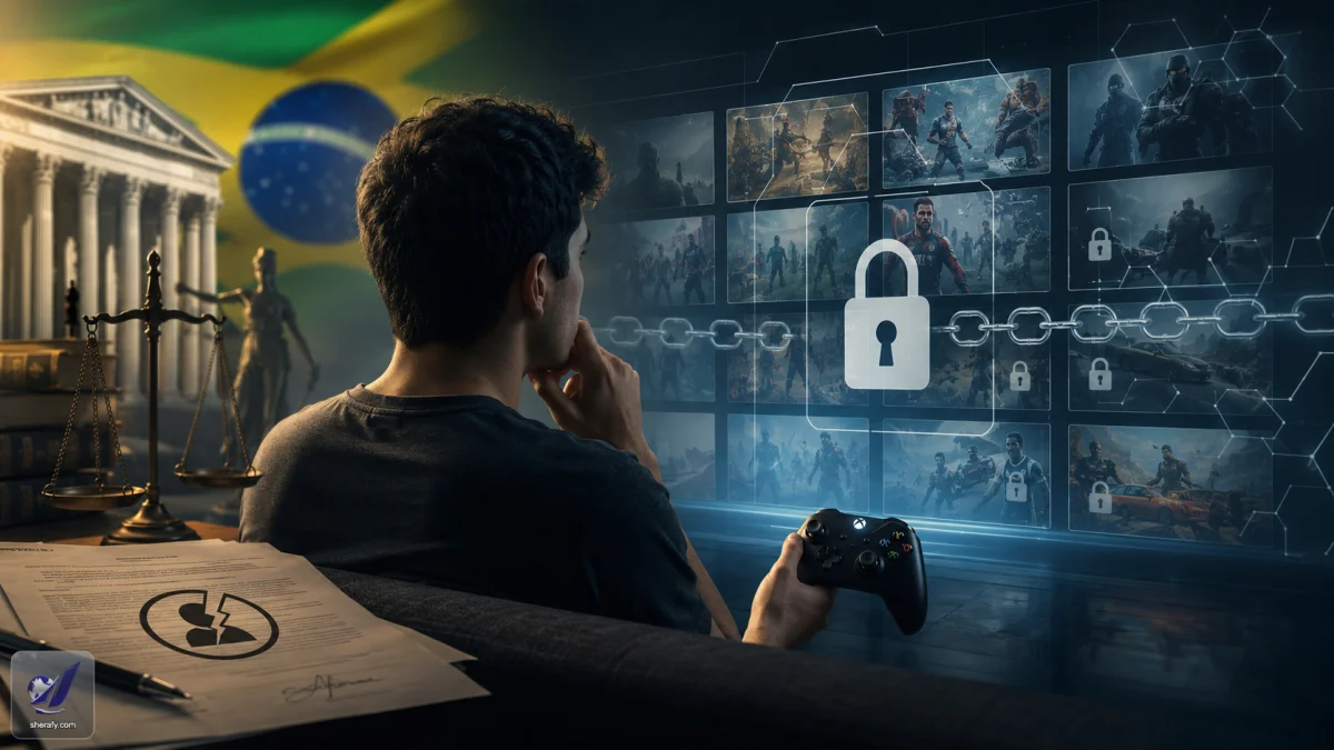 A man holds a game controller while facing a digital wall of locked game images, with legal scales and a court building beside the Brazilian flag in the background.