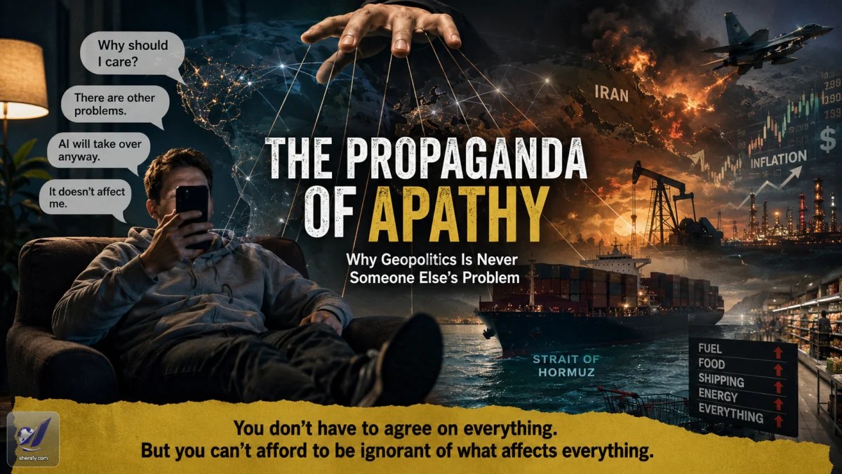 Editorial-style graphic showing a person on a couch using a smartphone beside text about apathy, with a collage of geopolitics, war, inflation, shipping, and energy imagery.