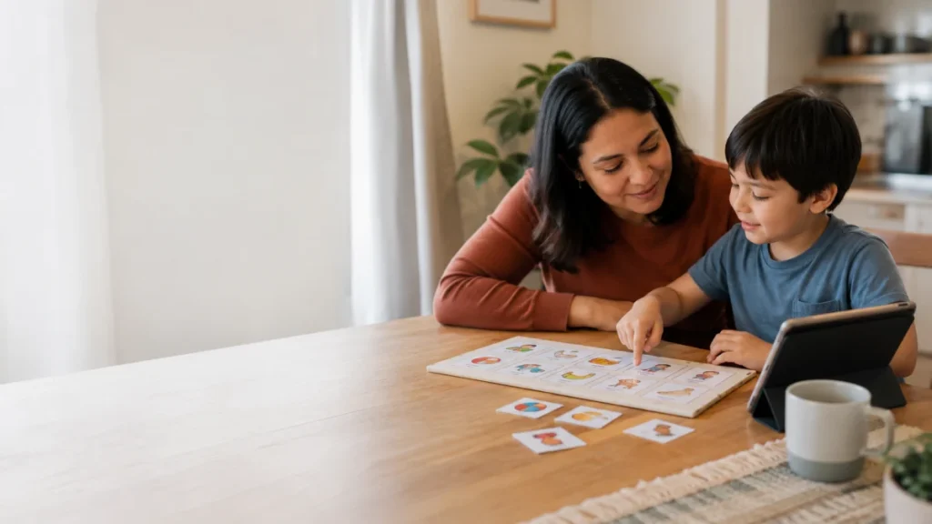Parent and child using picture communication cards at a table.
