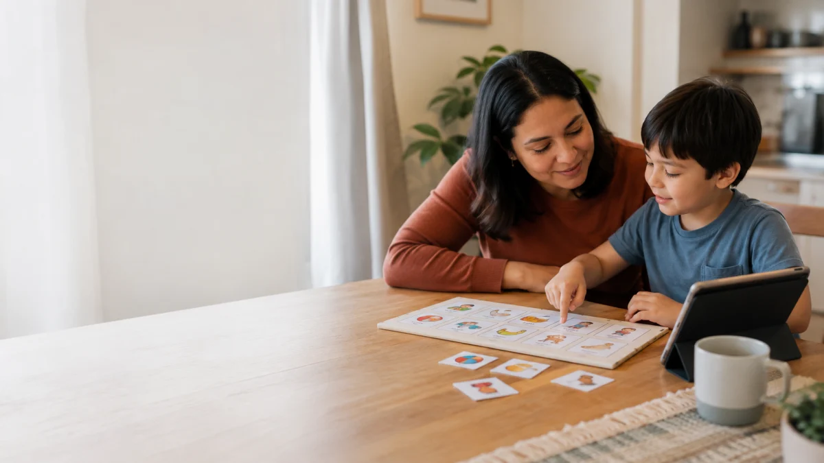 Parent and child using picture communication cards at a table.
