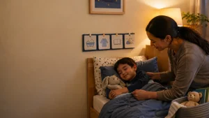 Parent gently tucking a sleeping child into bed in a softly lit bedroom.
