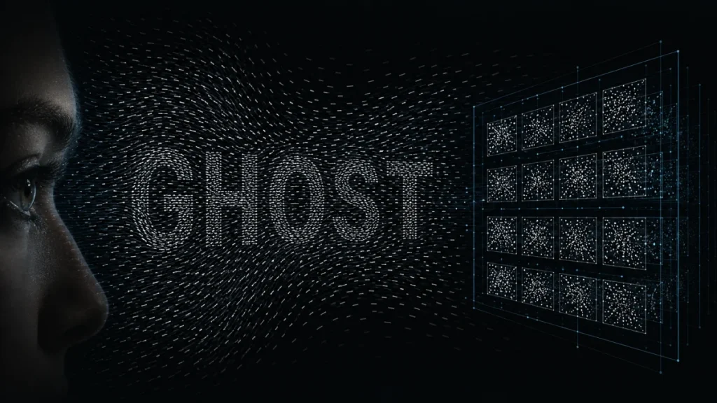 A dark digital illustration showing a human face in profile on the left, the word "GHOST" formed by particles in the center, and a glowing grid of screens on the right.