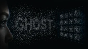 A dark digital illustration showing a human face in profile on the left, the word "GHOST" formed by particles in the center, and a glowing grid of screens on the right.
