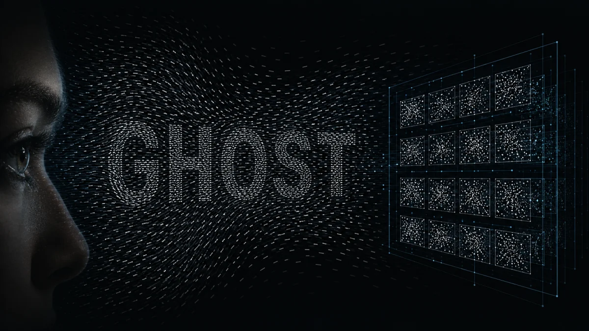 A dark digital illustration showing a human face in profile on the left, the word "GHOST" formed by particles in the center, and a glowing grid of screens on the right.