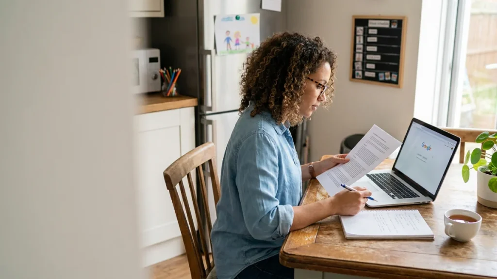 A parent reviews a research paper and takes notes at a table beside a laptop.