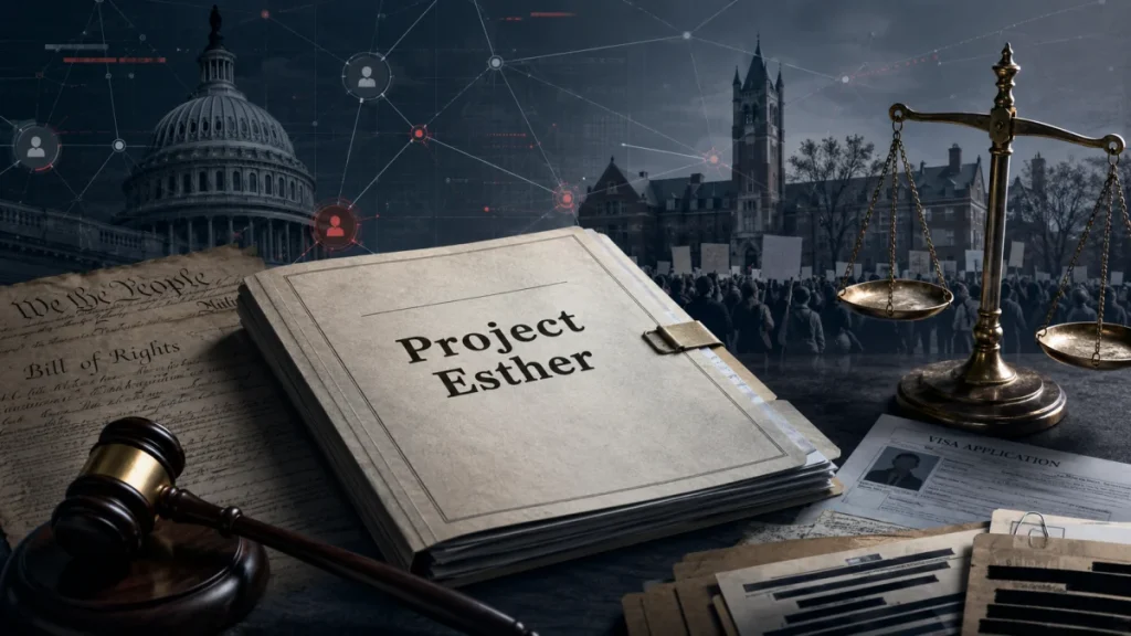 A legal-themed collage with a file labeled Project Esther, a gavel, scales of justice, court documents, and a protest scene with the U.S. Capitol in the background.