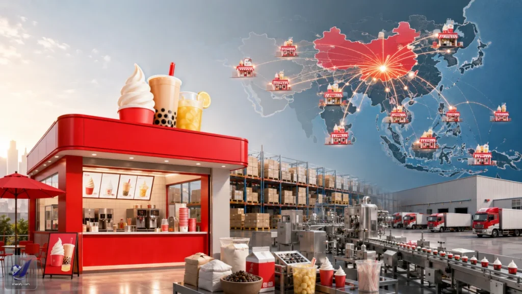 A red beverage kiosk in front of a warehouse and bottling line, with a map of Asia showing connected store locations and shipping routes.