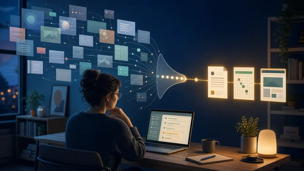 Adult at a laptop as many floating task panels narrow into one clear path toward a document, spreadsheet, and website