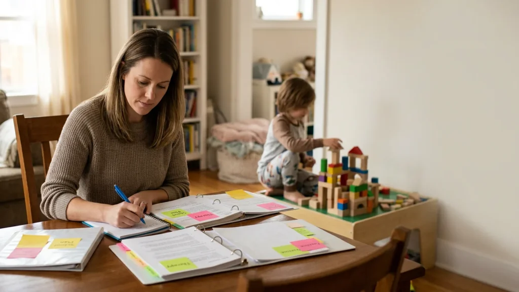 Parent organizing school and home notes about a child's autism and ADHD support needs.