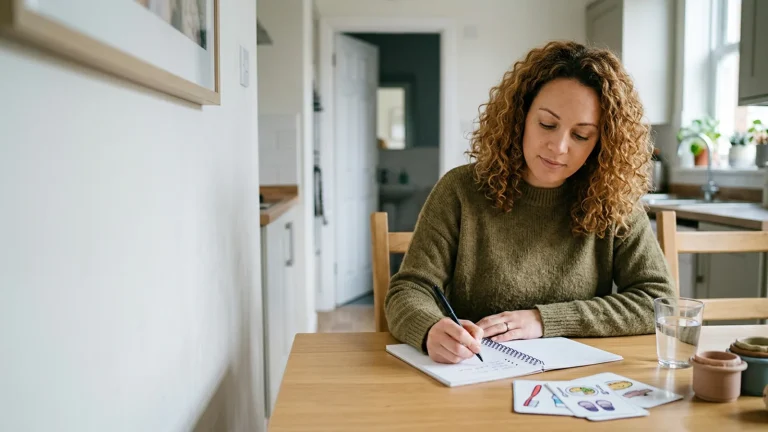Parent tracking a child's toileting and stomach symptoms in a notebook.