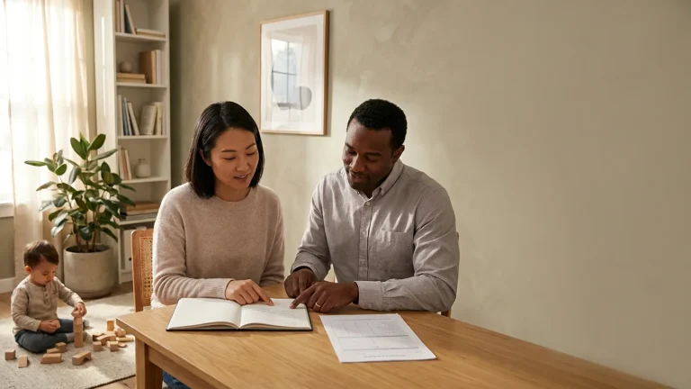 Parent and clinician reviewing developmental notes during a child evaluation appointment.