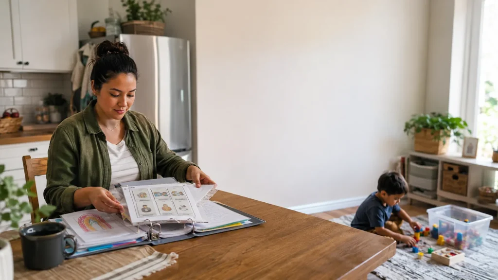 Parent organizing notes and visual supports while a young child plays nearby at home.