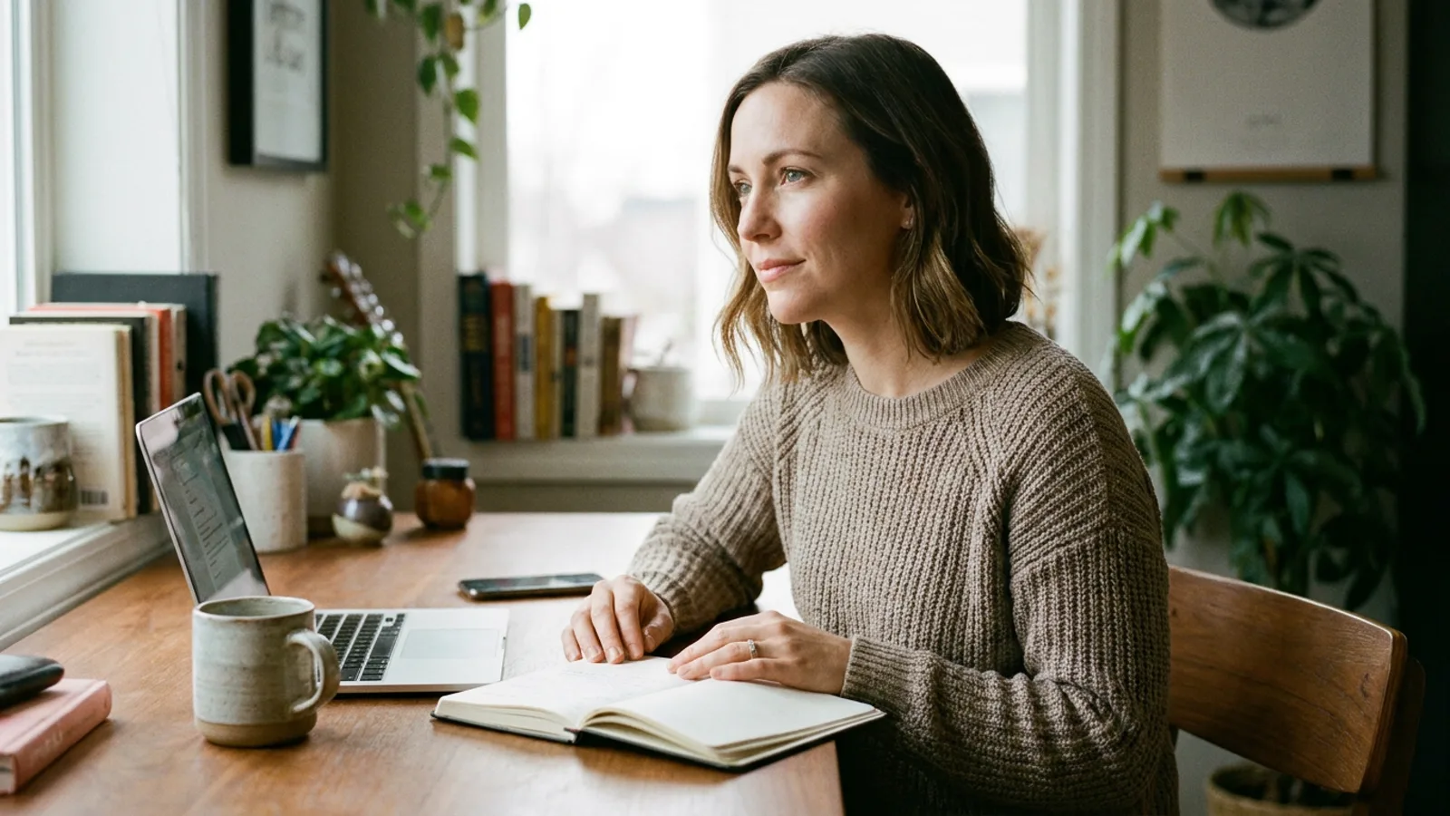 Adult woman reviewing notes in a calm home workspace while preparing for an autism evaluation.