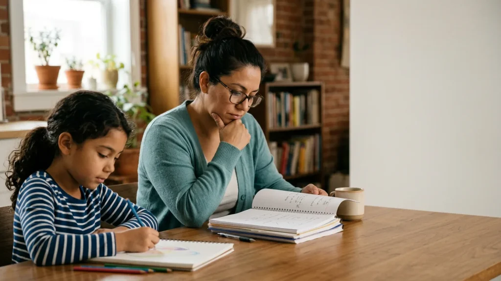 Parent reviewing school and home notes about a girl's autism evaluation.