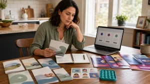 Parent reviewing autism service information and a checklist at a kitchen table.