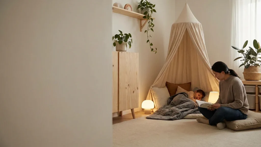 Parent calmly supporting a child in a quiet home space.
