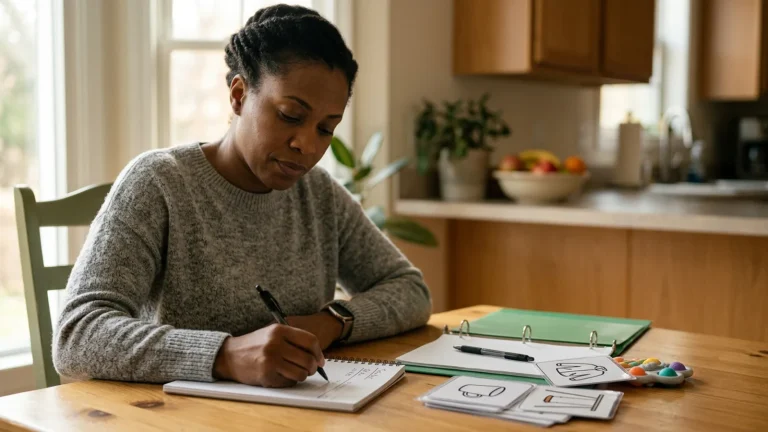 Parent writing a child skill-loss timeline in a notebook beside therapy materials.