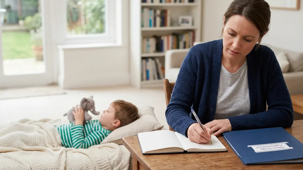 Parent writing notes about a child's staring spells before a neurology appointment.