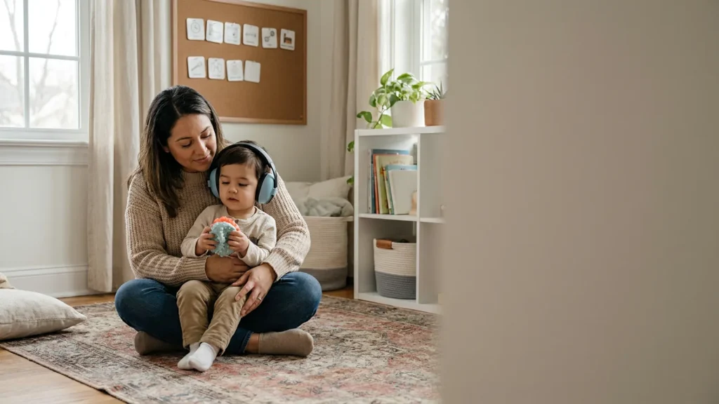 Parent helping an autistic child use headphones in a calm, softly lit room.