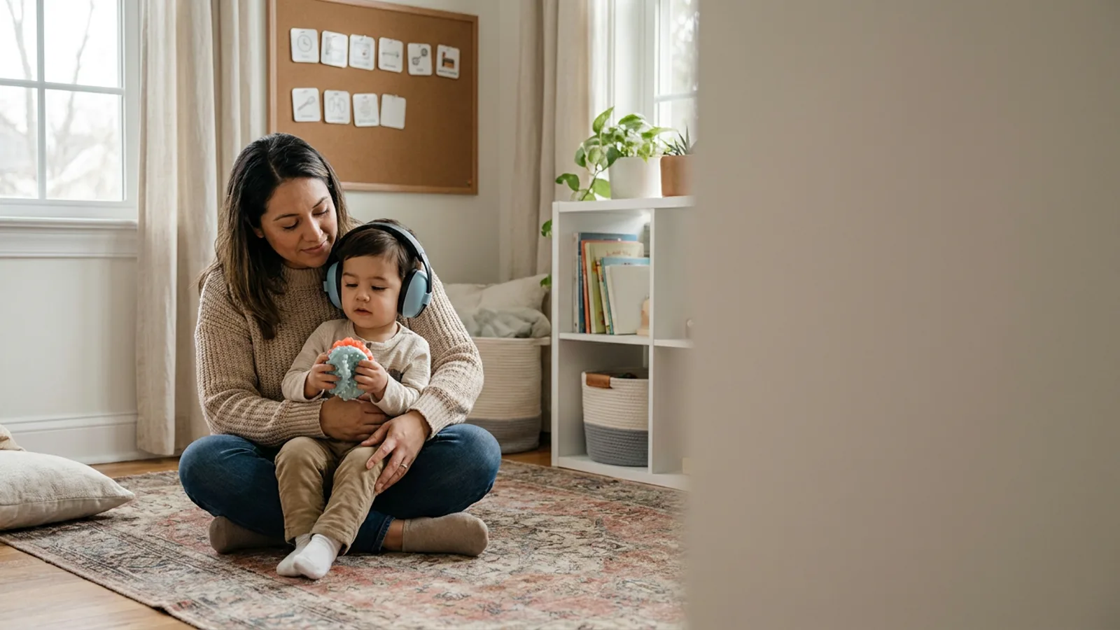 Parent helping an autistic child use headphones in a calm, softly lit room.