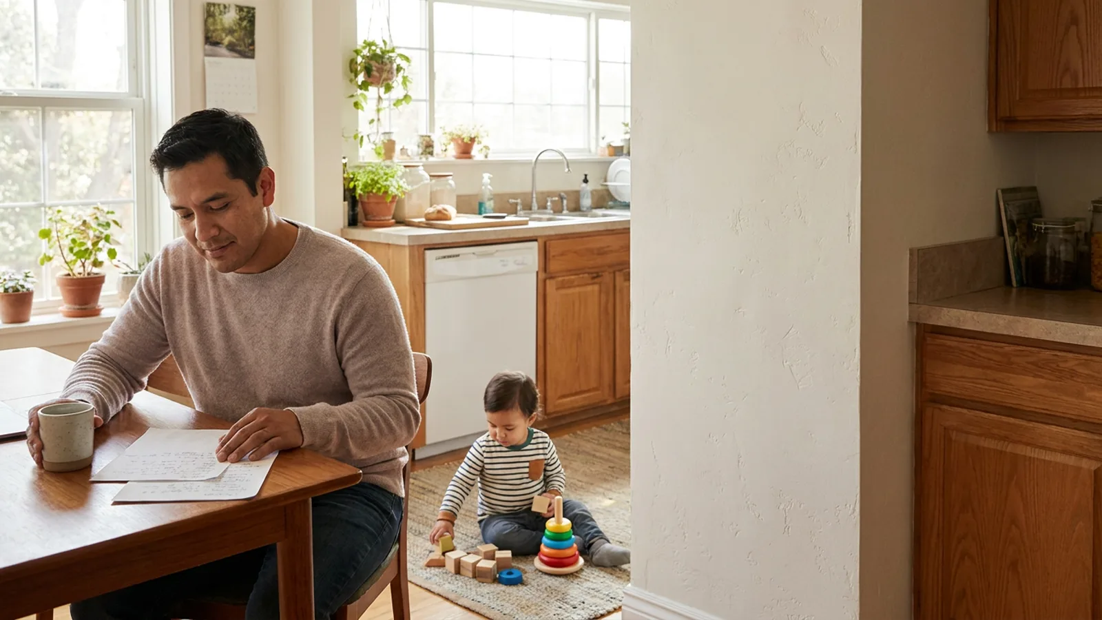 Parent reviewing developmental milestone notes while a young child plays nearby.