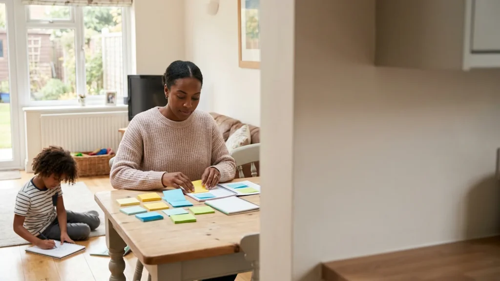 Parent comparing notes about autism and ADHD support needs at a table.