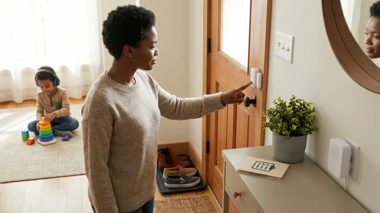 Parent checking a home door alarm and safety checklist while a child plays nearby.