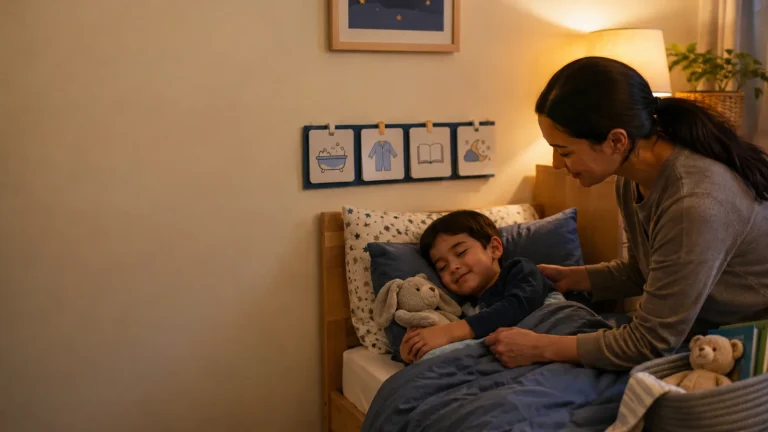 Parent preparing a calm bedtime routine with a child in a softly lit bedroom.