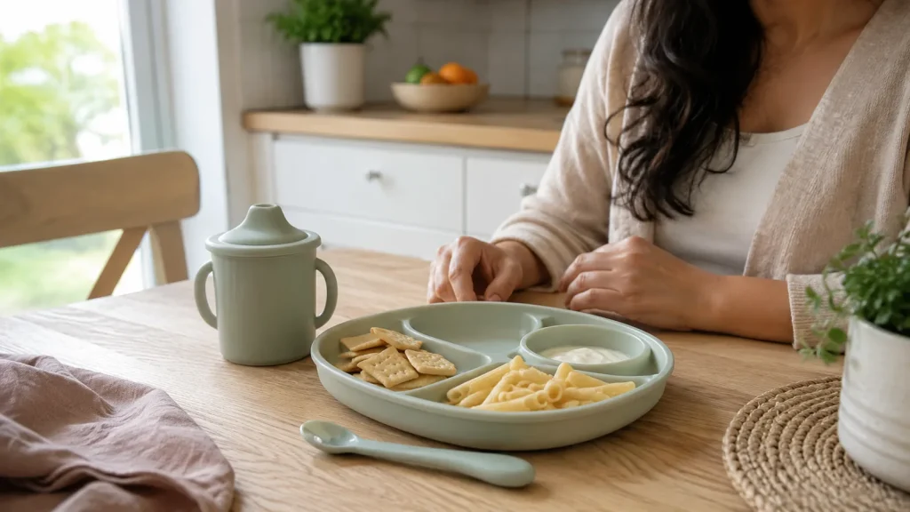 Sensory-friendly toddler meal setup with small portions of familiar foods, yogurt, and utensils on a kitchen table.