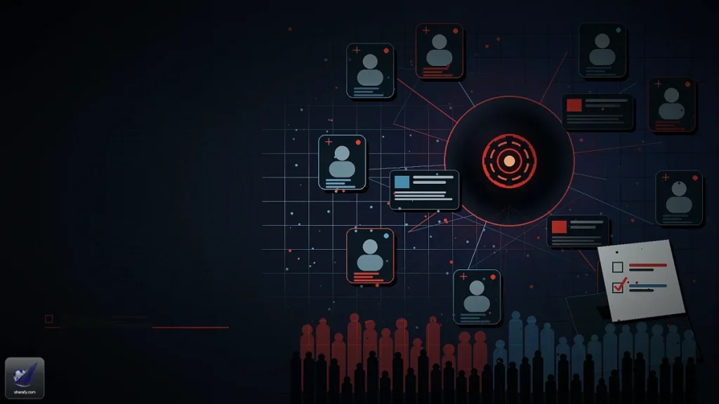 Dark infographic showing user profile cards connected around a central target, with a crowd of people silhouettes below and a checklist panel on the right.