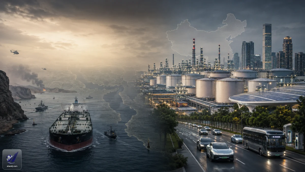 A composite scene of a cargo ship in a coastal harbor beside an oil refinery, city skyline, and traffic at dusk.